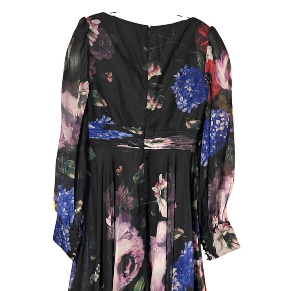 Mac Duggal NEW Size 8 67872 Black Chiffon Bishop Sleeve Floral Print Gown Dress - Picture 7 of 11